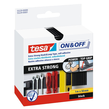tesa On & Off Extra-Strong Hook-and-Loop Tape, 1 m x 50 mm, black