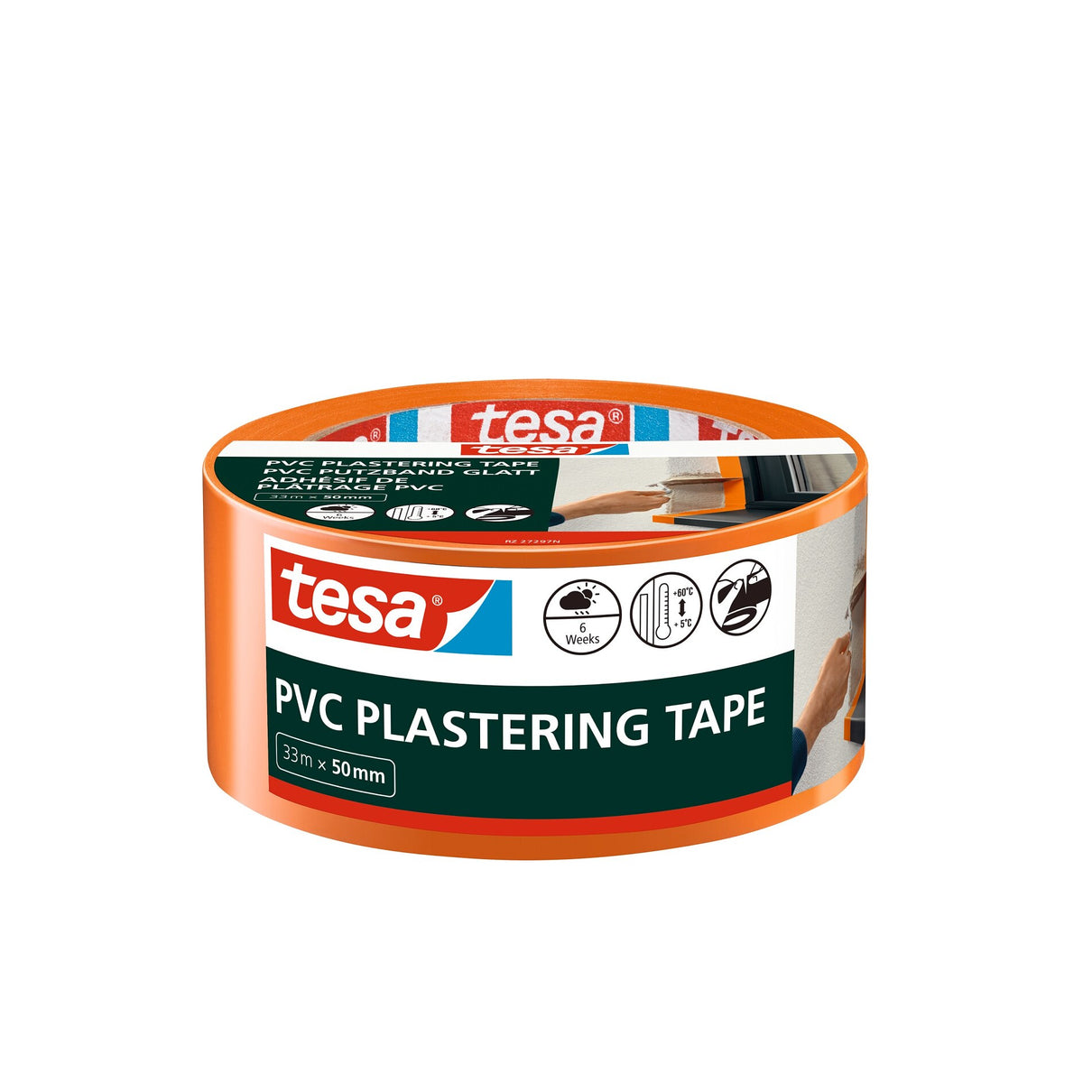 Cinta de yeso de PVC tesa, lisa, 33 m x 50 mm, naranja