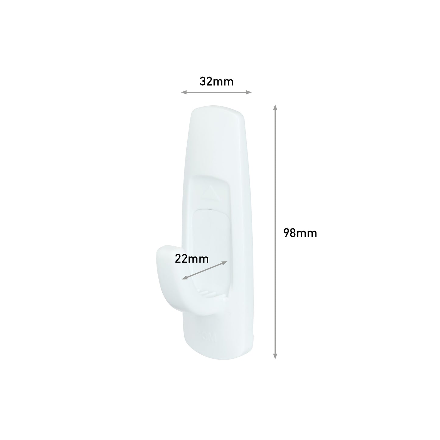 Der Command™ Large Universal-Haken, 17003-FGN von 3M Deutschland GmbH (98mm hoch, 32mm breit, 22mm tief) wird beschädigungsfrei und ohne Bohren an einer weißen Wand präsentiert.