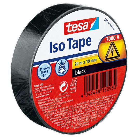 Cinta aislante tesa SPVC para instalaciones eléctricas, negra, 20 m x 19 mm