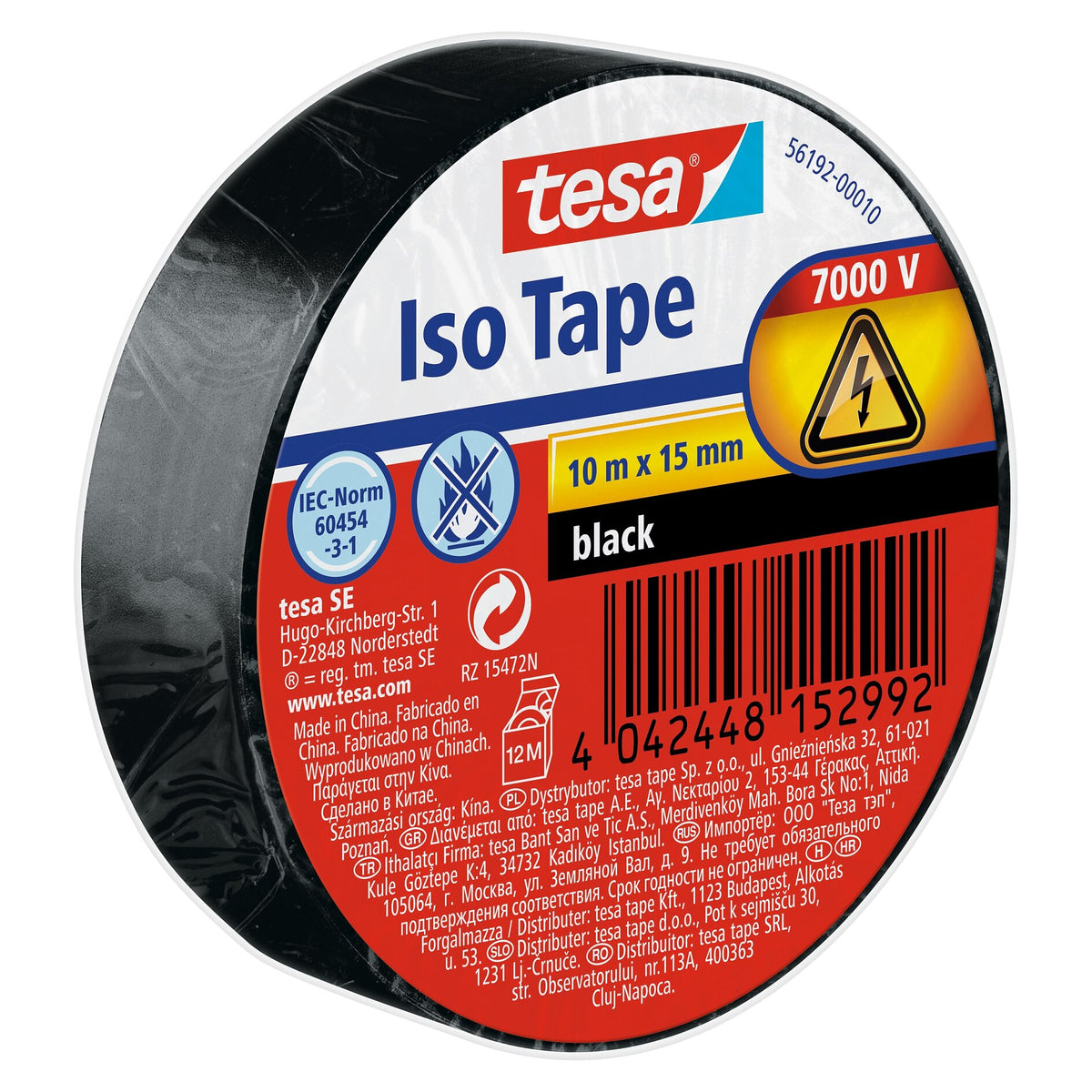 Cinta aislante tesa, 10 m x 15 mm, con etiqueta negra