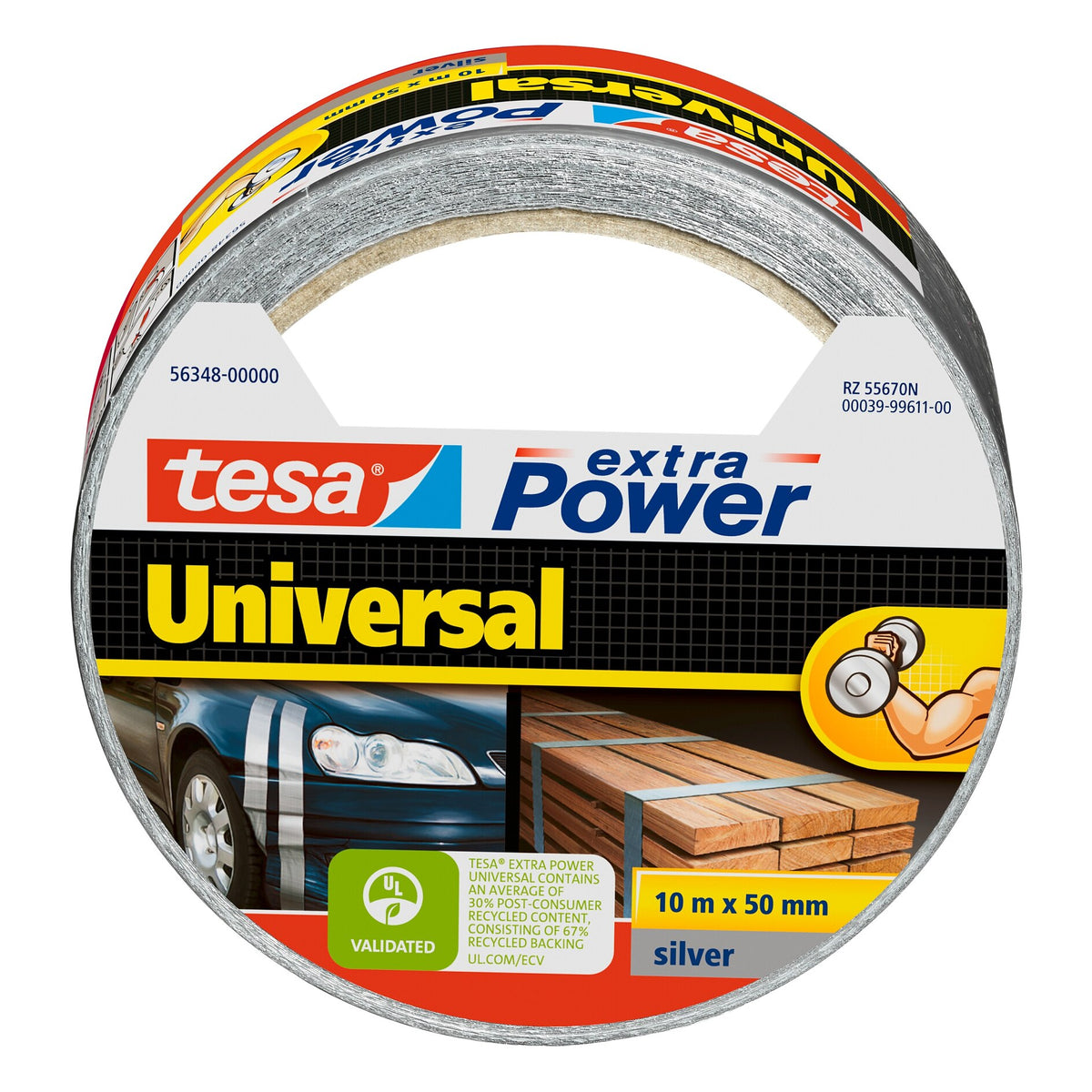 tesa extra Power Universal >60% Recycled Plastic All-Purpose Adhesive Tape, Silver-Gray, 10 m x 50 mm