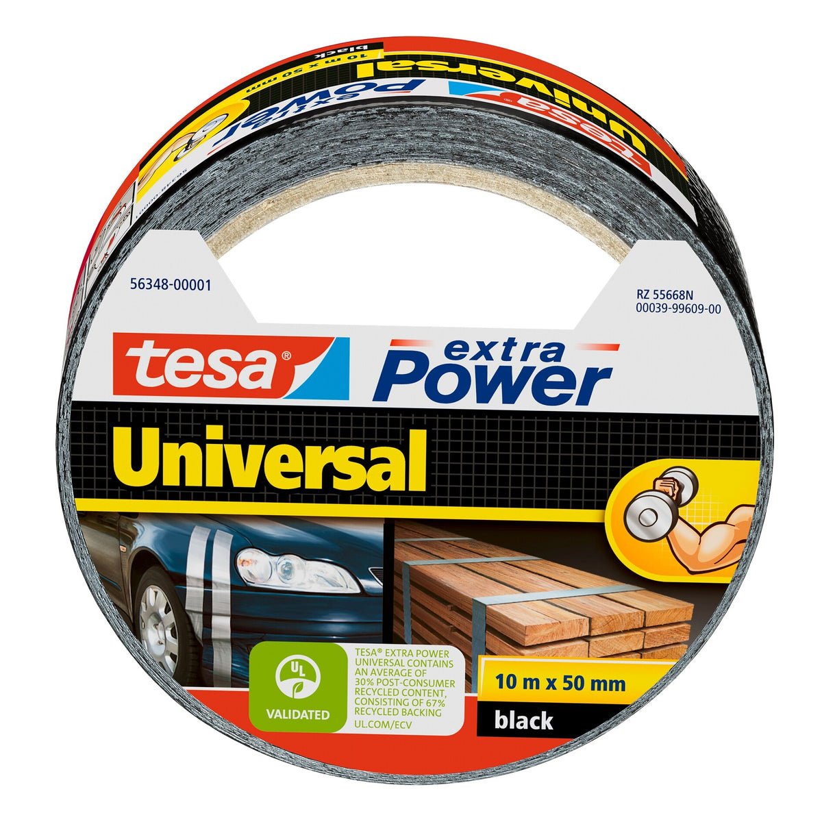 tesa extra Power Universal >60% Recycled Plastic All-Purpose Adhesive Tape, Black, 10 m x 50 mm