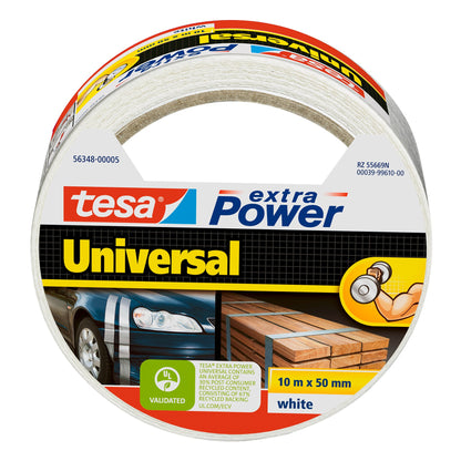 tesa extra Power Universal >60% Recycled Plastic All-Purpose Adhesive Tape, White, 10 m x 50 mm