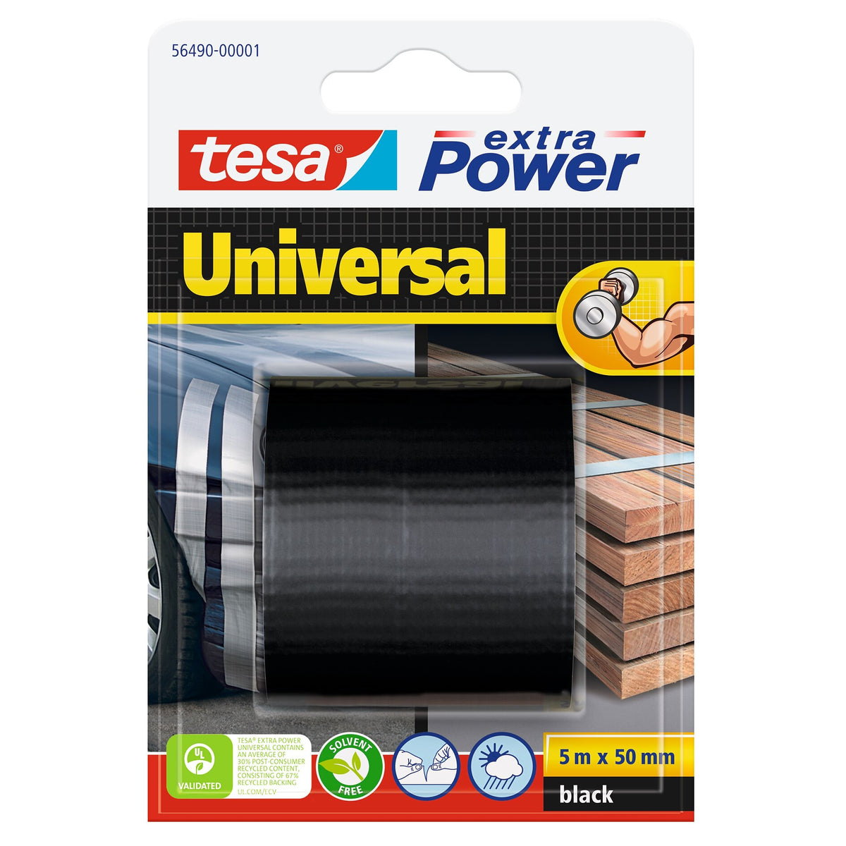 tesa extra Power Universal >60% Recycled Plastic All-Purpose Adhesive Tape, Black, 5 m x 50 mm
