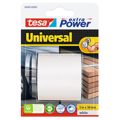 tesa extra Power Universal >60% Recycled Plastic All-Purpose Adhesive Tape, White, 5 m x 50 mm