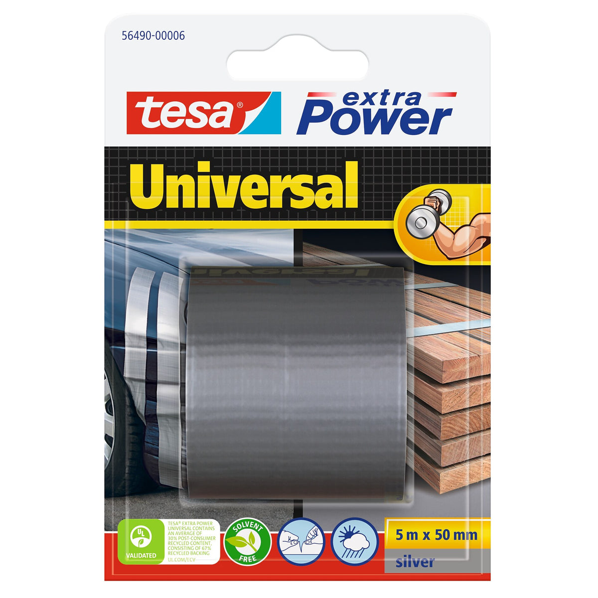 tesa extra Power Universal >60% Recycled Plastic All-Purpose Adhesive Tape, Gray, 5 m x 50 mm