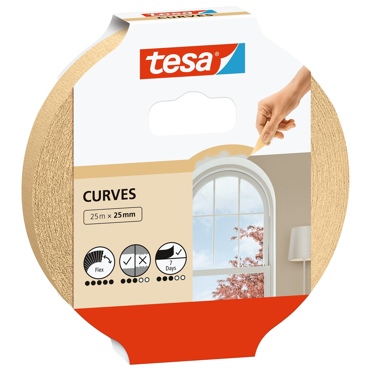 Cinta de protección para pintura tesa KURVEN, 25 m x 25 mm, marrón