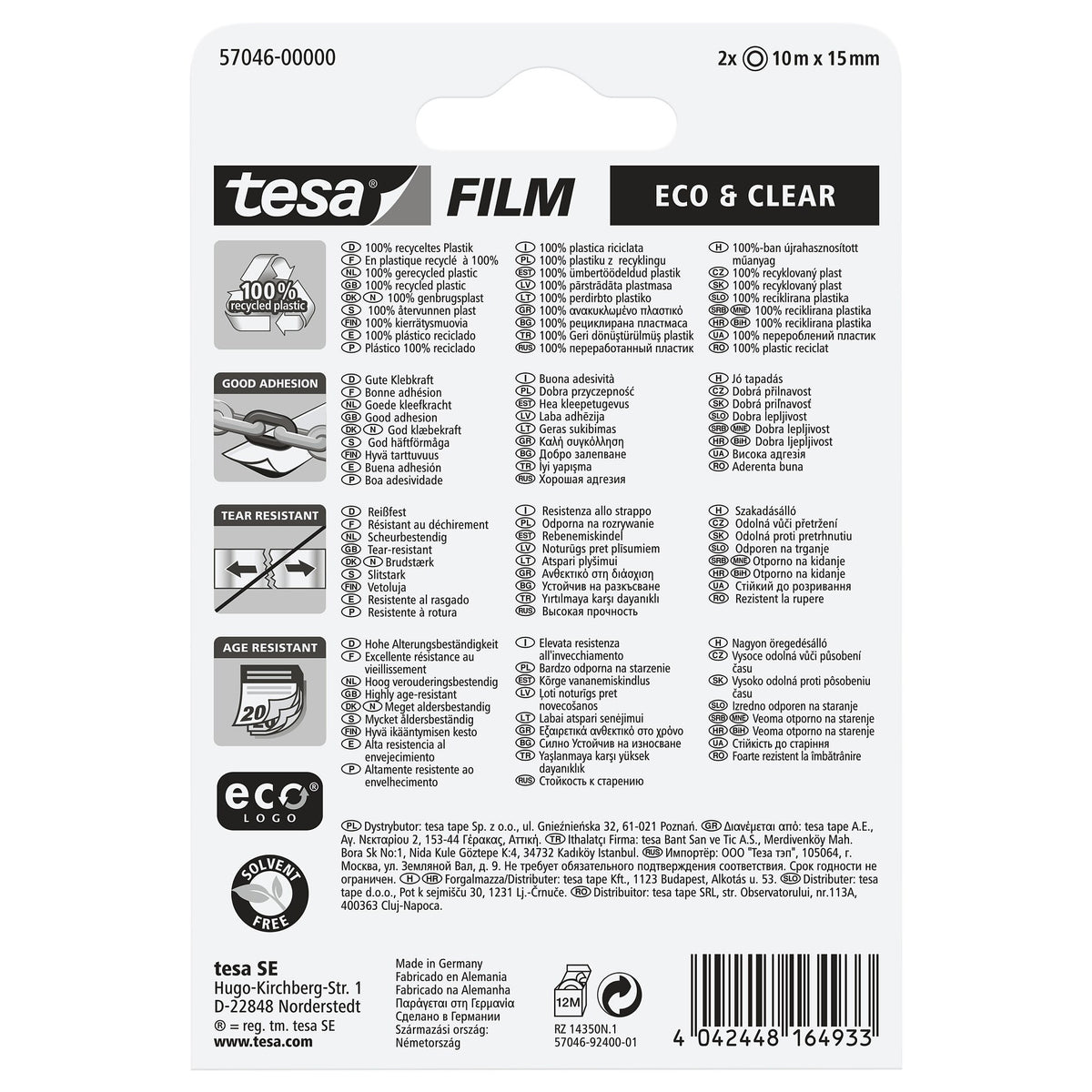 tesafilm eco & clear, transparente, 10 m x 15 mm