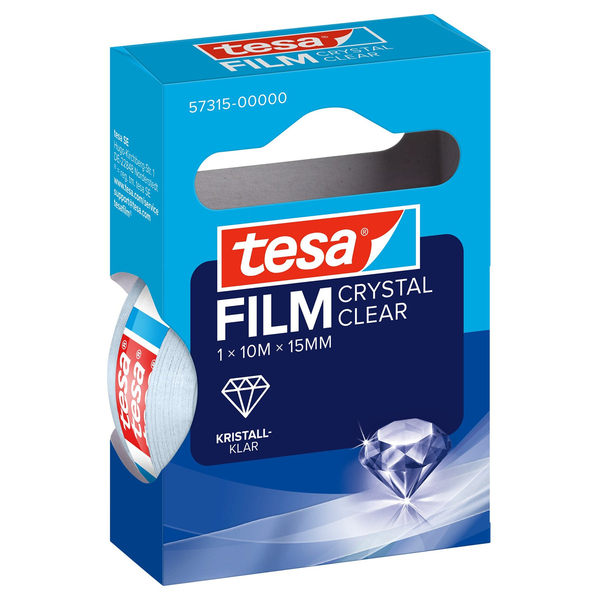 Cinta adhesiva Tesafilm CRYSTAL CLEAR, transparente, en caja plegable con asas de 10 m x 15 mm