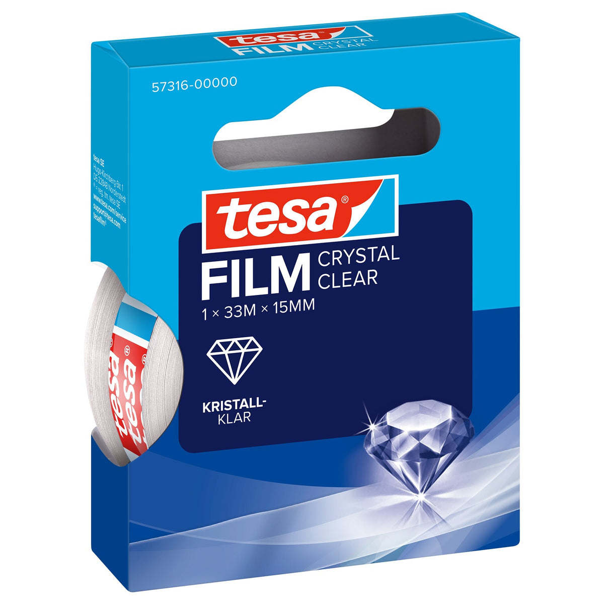 tesafilm CRYSTAL CLEAR, transparente, en caja plegable con asas de 33 m x 15 mm
