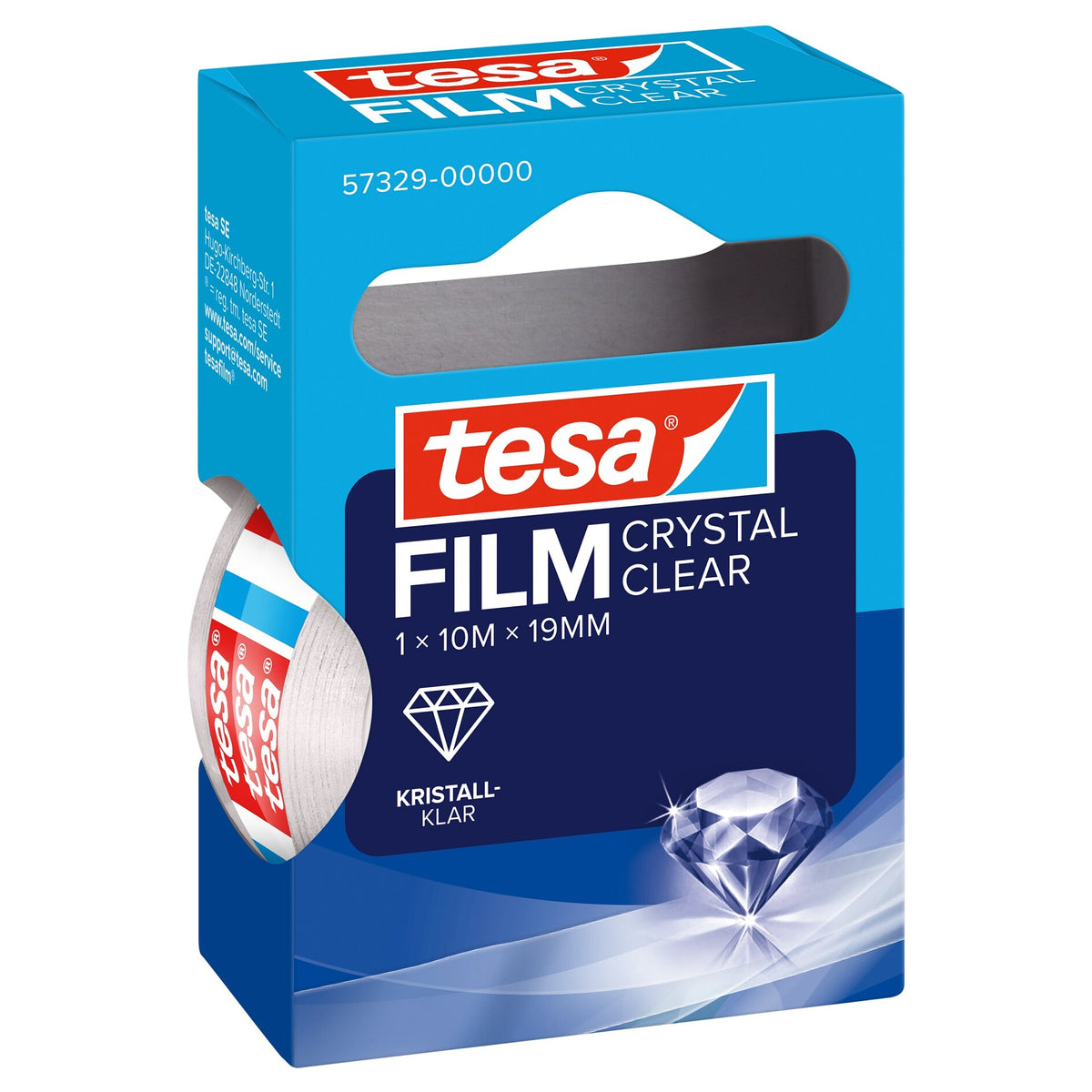 Cinta adhesiva Tesafilm CRYSTAL CLEAR, transparente, en caja plegable con asas de 10 m x 19 mm