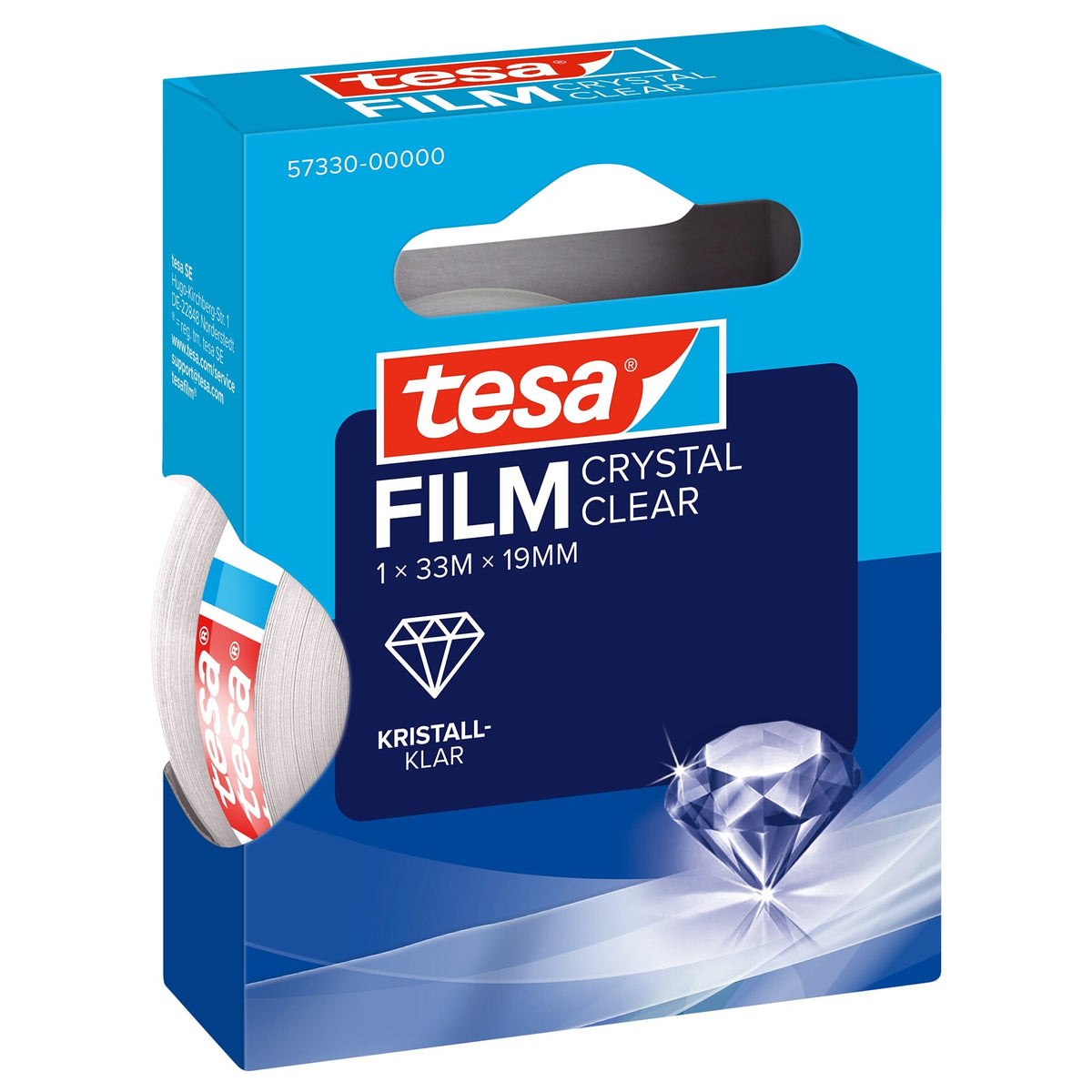tesafilm CRYSTAL CLEAR, transparente, en caja plegable con asas de 33 m x 19 mm