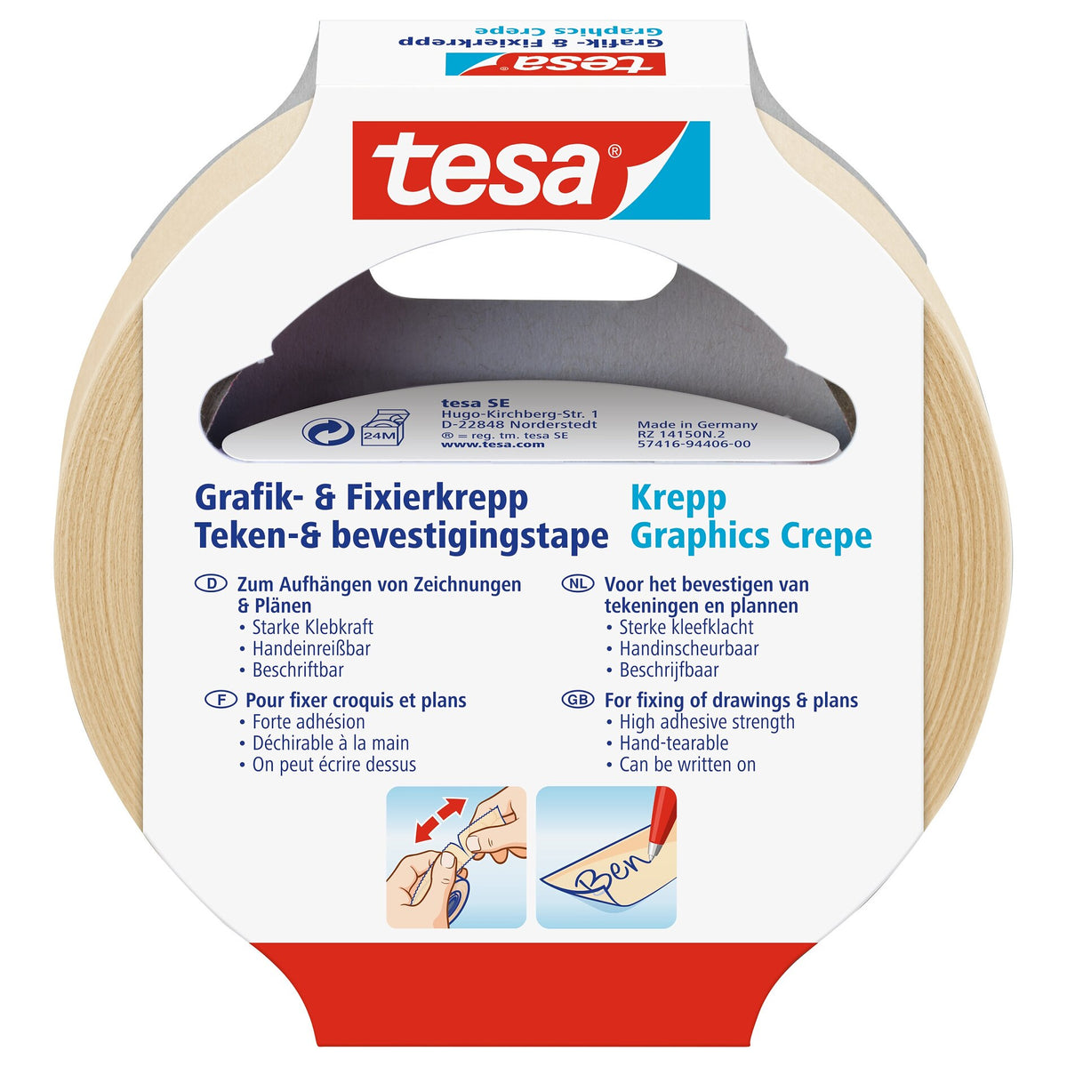 tesa Graphic and Fixing Crepe Adhesive Tape, chamois, 25 m x 19 mm