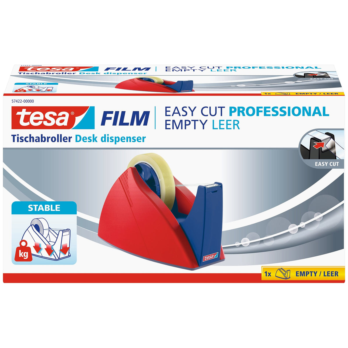 tesa 57422 Easy Cut Table Dispenser, empty, for rolls up to 66 m x 25 mm, red-blue