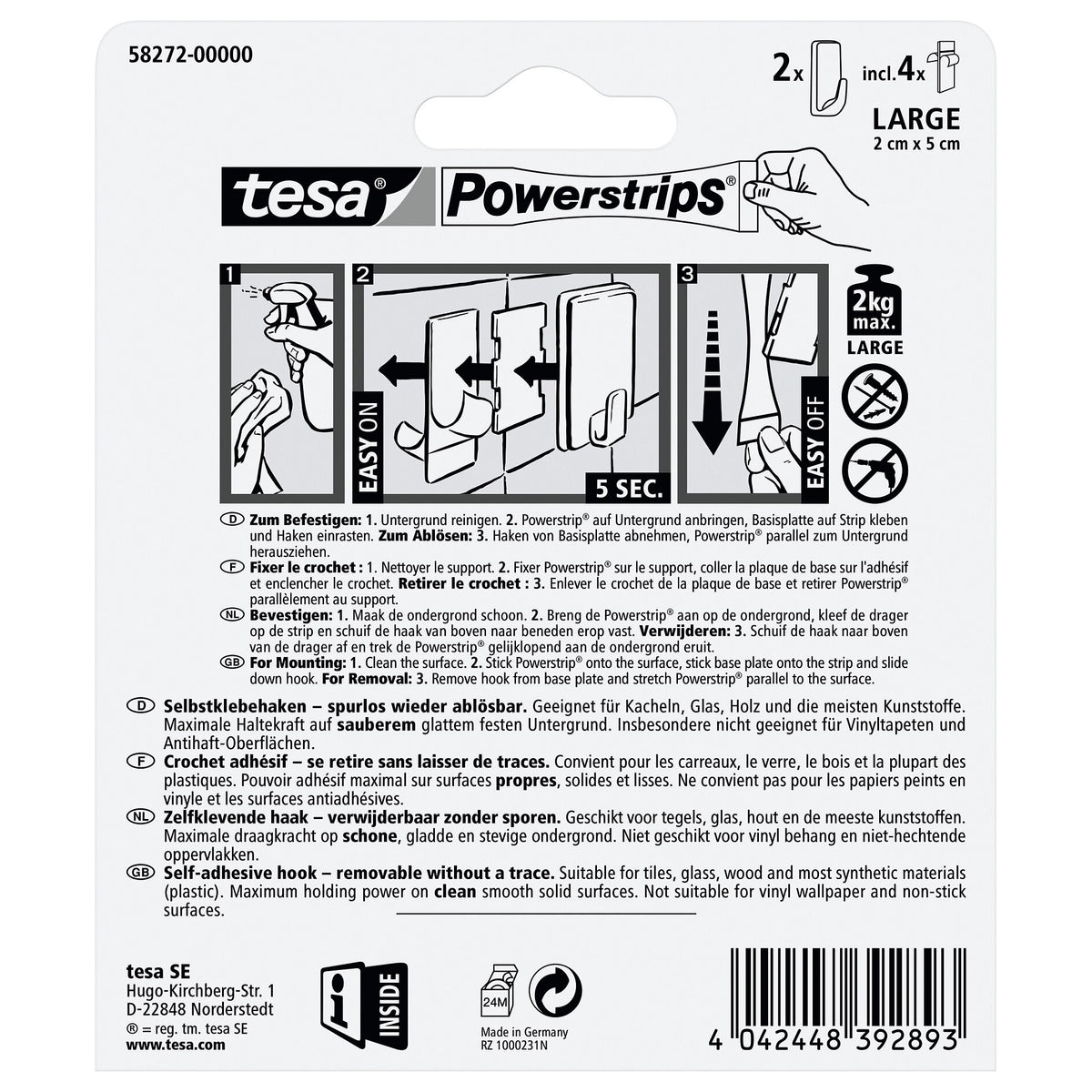 Ganchos tesa Powerstrips L, rectangulares, blancos