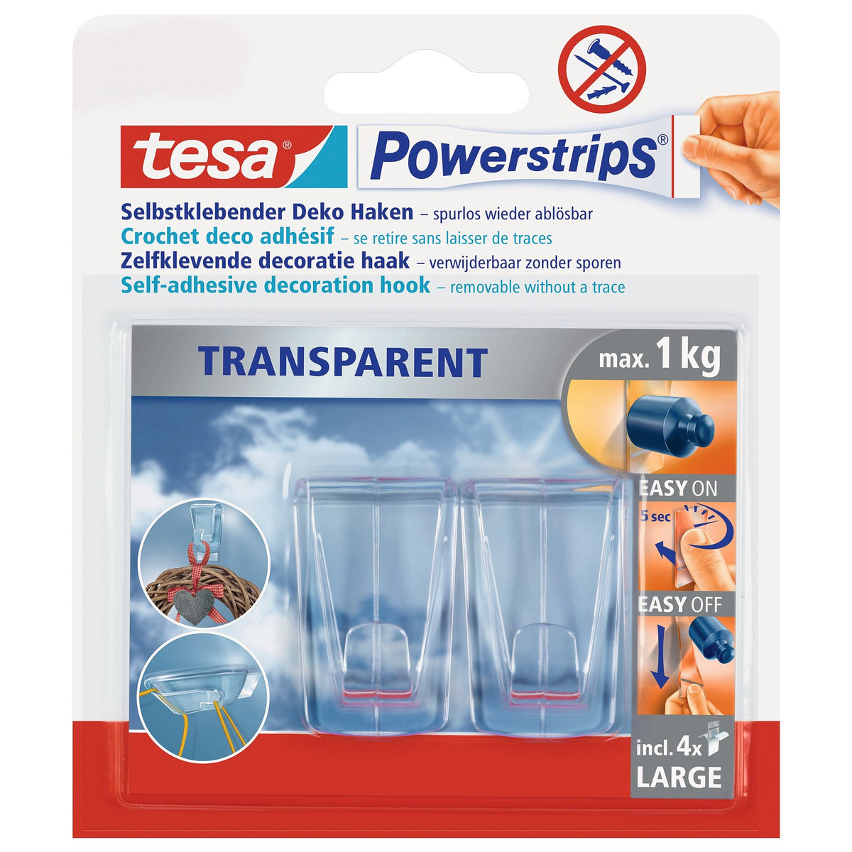 Ganchos tesa Powerstrips transparentes DECO, tamaño GRANDE