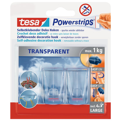 Ganchos tesa Powerstrips transparentes DECO, tamaño GRANDE