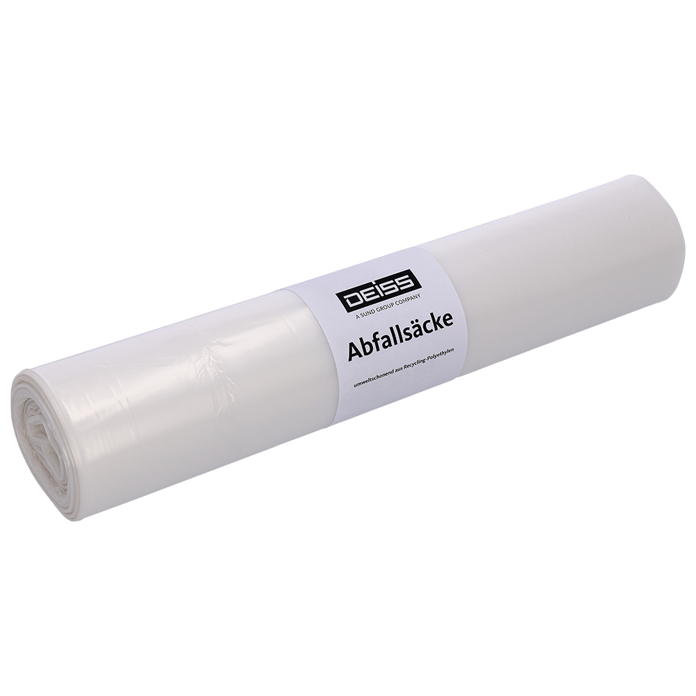 En hvit rull fra EMIL DEISS KG (GmbH + Co.) DEISS 59024 - 620x720 mm gjennomsiktig søppelpose, pakke med 50 stykker, ligger på en lys bakgrunn. Etiketten viser merkevarenavnet og produktbeskrivelsen på tysk.