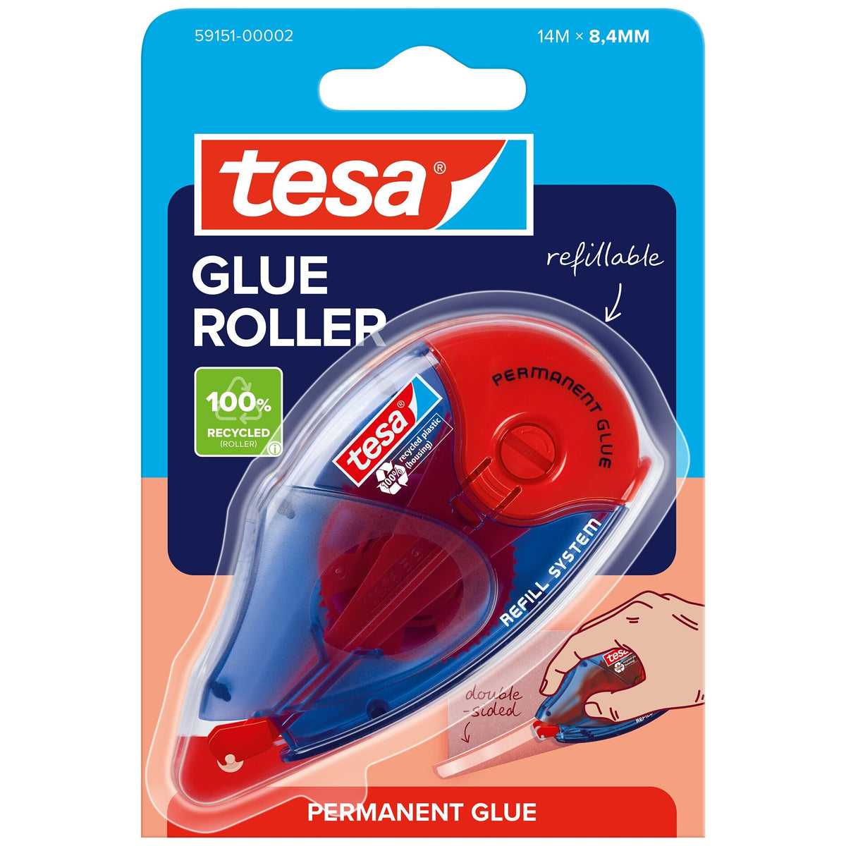 tesa GLUE ROLLER Permanente, transparente, recambio, ecoLogo, 14 m x 8,4 mm