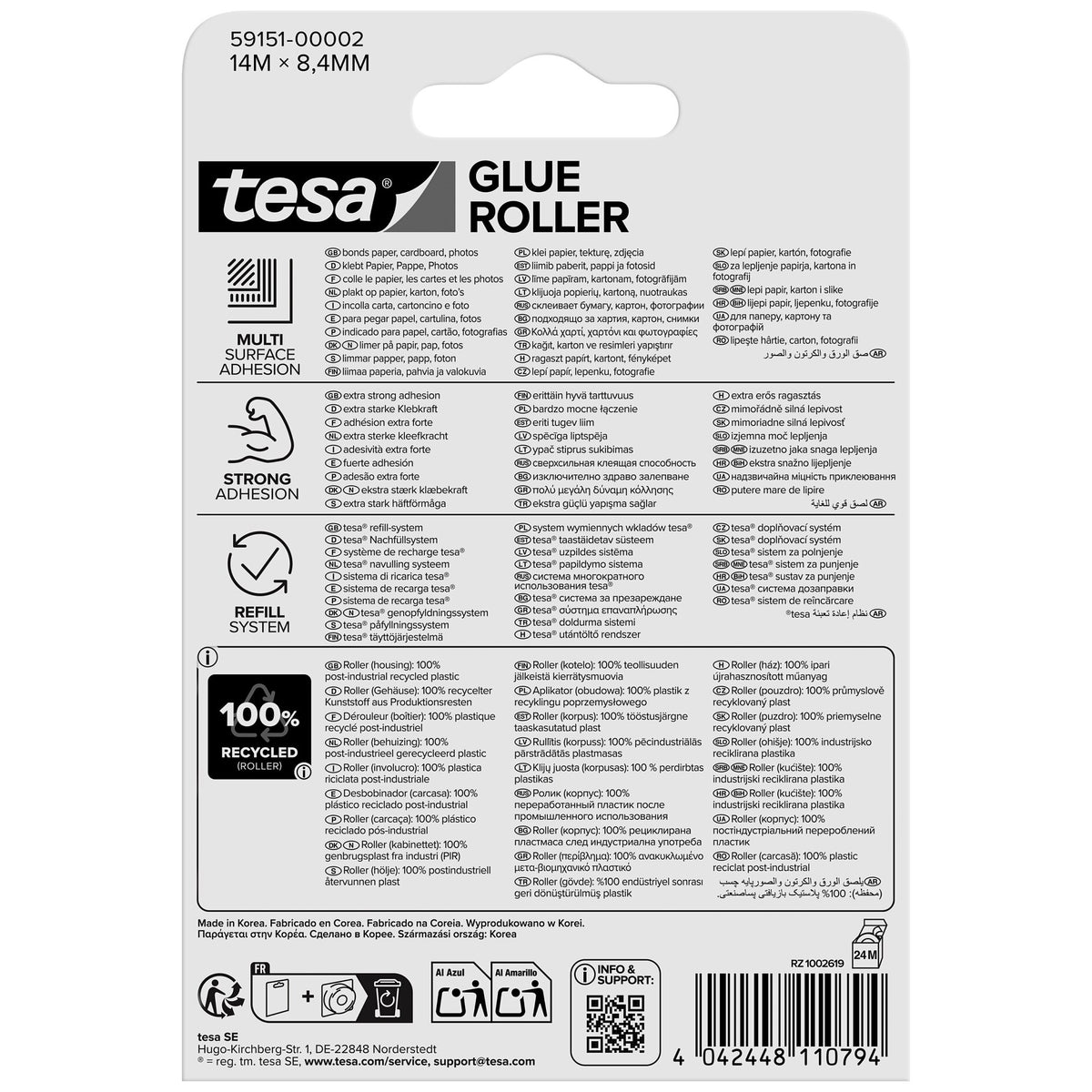 tesa GLUE ROLLER Permanente, transparente, recambio, ecoLogo, 14 m x 8,4 mm
