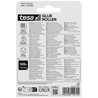 tesa GLUE ROLLER Permanente, transparente, recambio, ecoLogo, 14 m x 8,4 mm