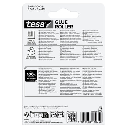 tesa GLUE ROLLER Permanent Disposable, 8.5 m x 8.4 mm, clear, in a blister pack