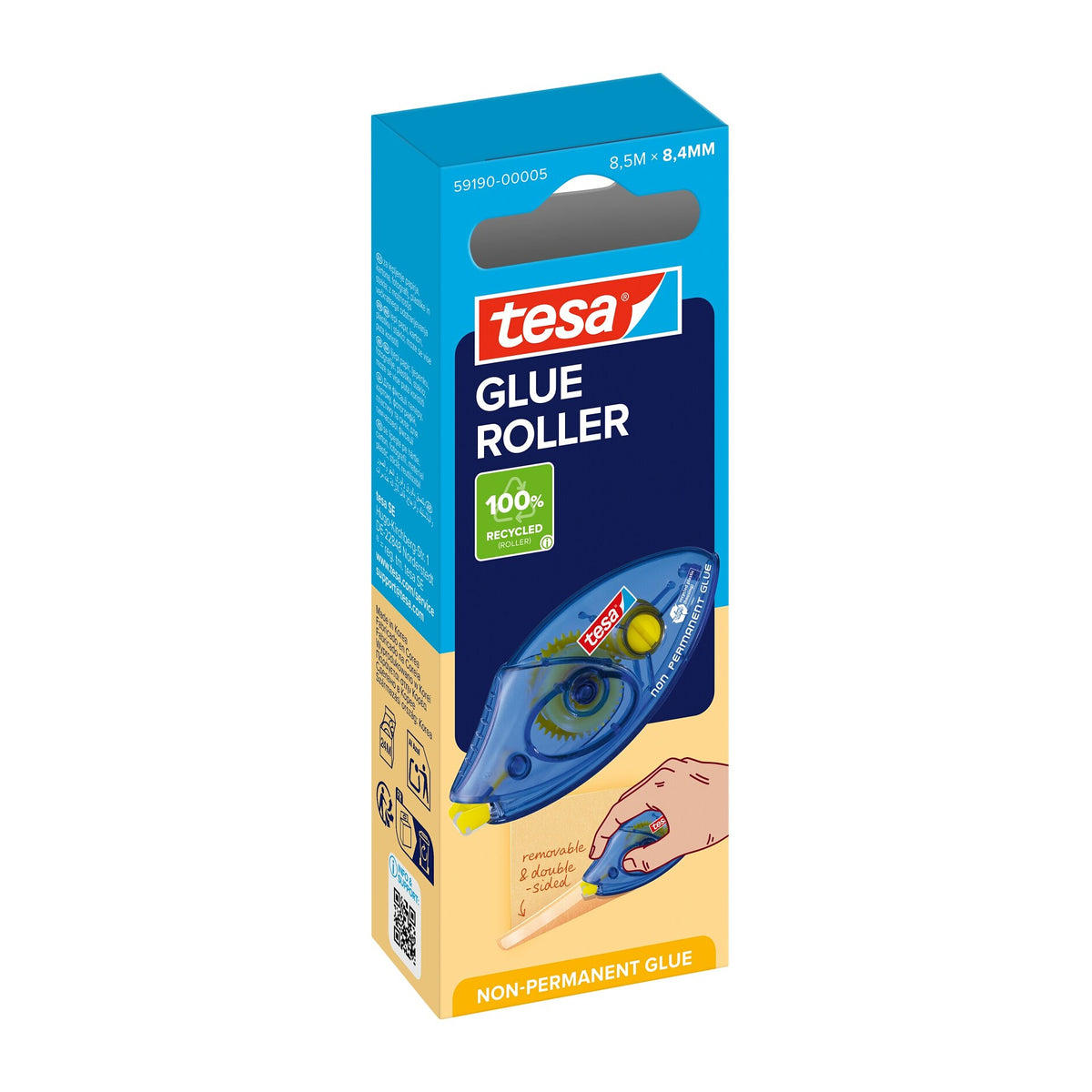 tesa GLUE ROLLER Non-Permanent Disposable, 8.5 m x 8.4 mm, clear, in a hanging folding box