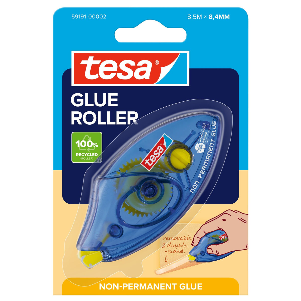 tesa GLUE ROLLER Non-Permanent Disposable, 8.5 m x 8.4 mm, clear, in a blister pack