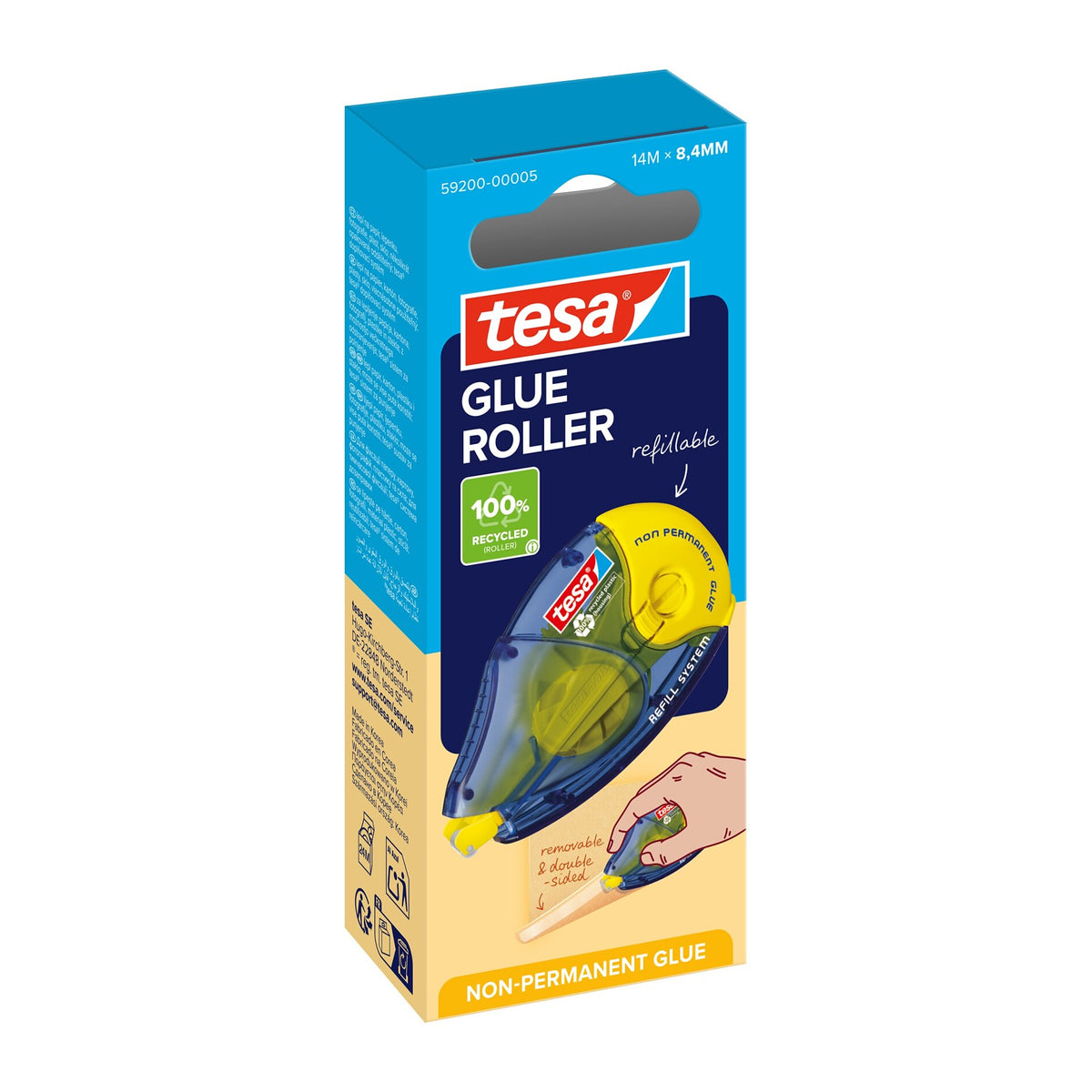 tesa GLUE ROLLER no permanente, 14 m x 8,4 mm, transparente