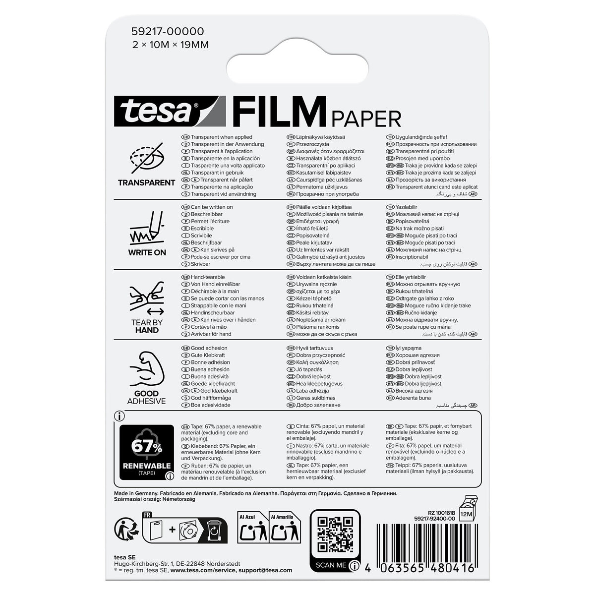 tesafilm PAPER, clear, in a blister pack, 10 m x 19 mm
