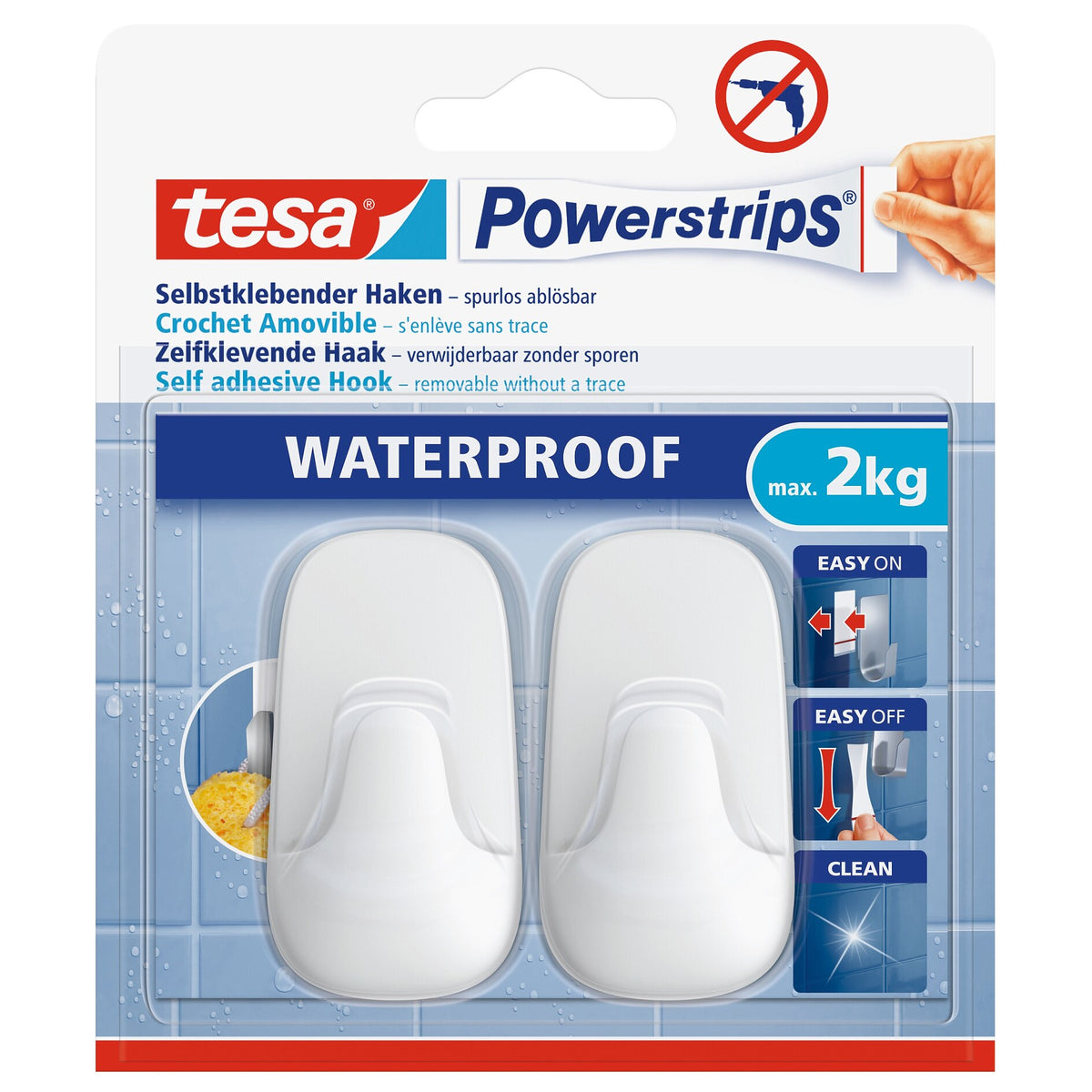 tesa Powerstrips Hooks, Waterproof L, Plastic, White