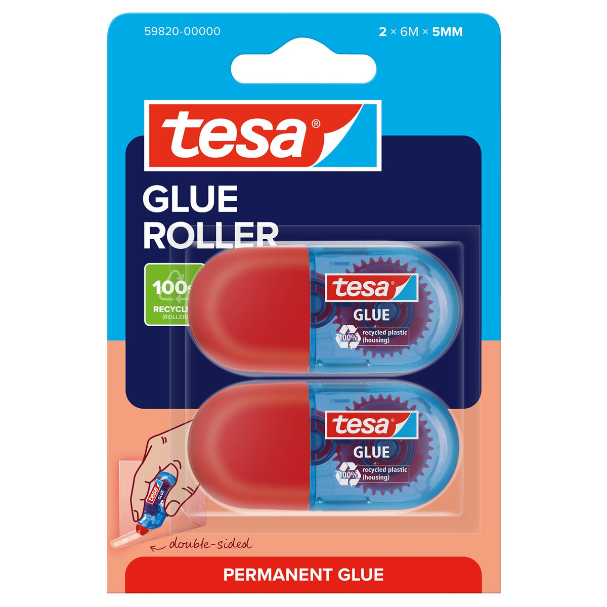 tesa GLUE ROLLER Permanent Mini, 6 m x 5 mm, clear, in a blister pack
