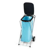 The Nölle Profi mobile waste collector (35x37x78 cm) from Nölle Profi Brush Bürsten- & Pinseltechnik e.K. features metal legs, a black lid, a blue bag, and two wheels; pictured upright with the lid open.