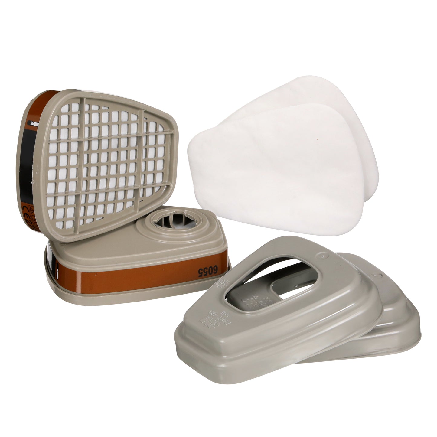 Eine Packung unbenutzter 3M™ Filtersatz 6002-1 A2P2 (2x6055, 2x5925, 2x501) Gasmasken-Filterpatronen für organische Dämpfe von 3M Deutschland GmbH, mit weißen Pads und grauen Abdeckungen, dargestellt auf einer weißen Fläche.