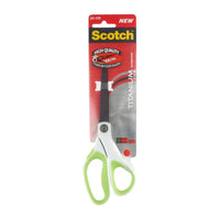 A pair of Scotch™ titanium scissors, 20 cm, from 3M Deutschland GmbH, in white and green, packaged on a red-and-gray card labeled "NEW" and "HIGH QUALITY," with partially visible titanium-coated blades.