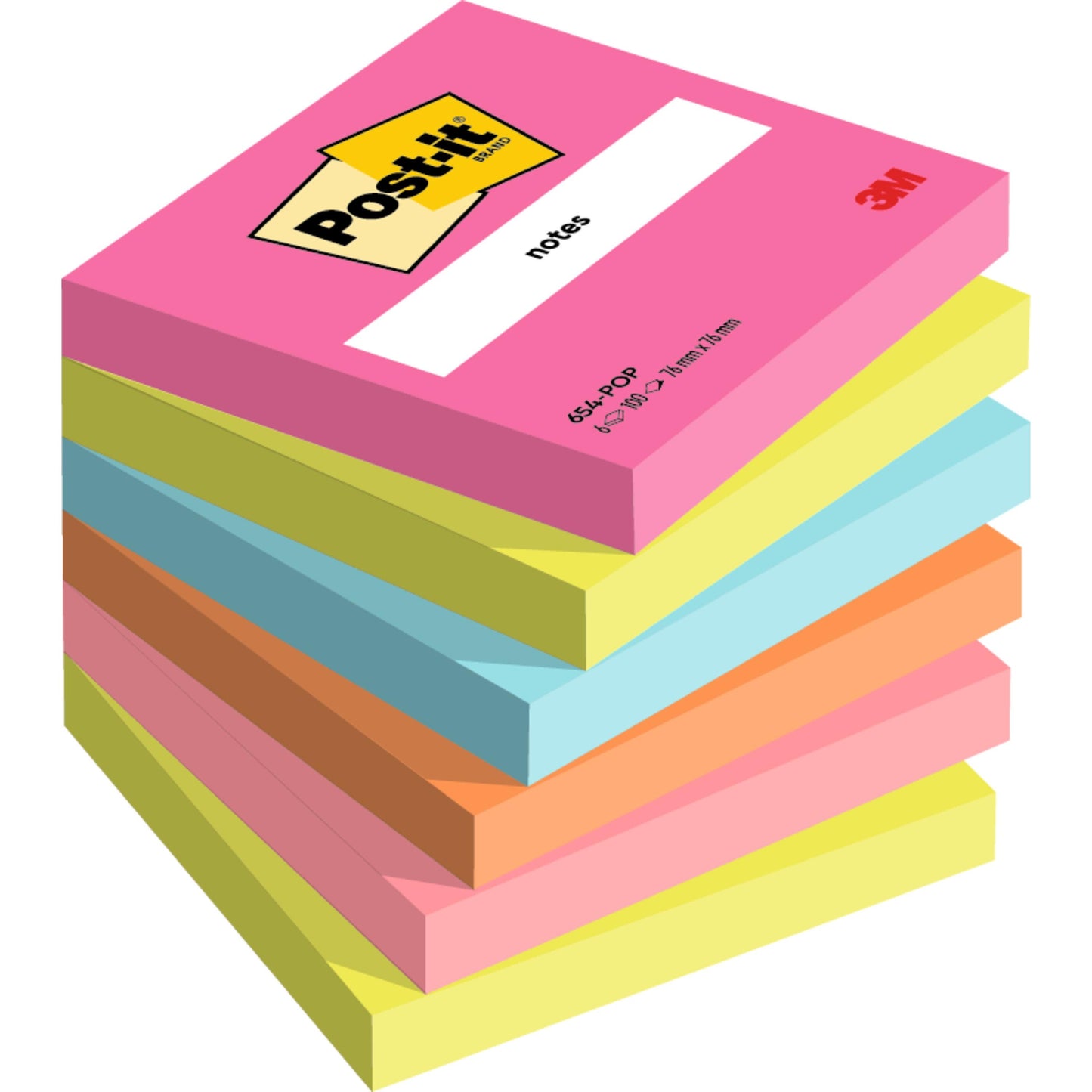 Ein Stapel von sieben 3M Post-it® Notes Blöcken (76 mm x 76 mm, je 100 Blatt, 100% PEFC) in verschiedenen Farben von 3M Deutschland GmbH.