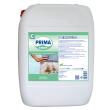 Ein weißer Kunststoffbehälter mit 25 kg Dr. Schnell PRIMA EXTENT Waschmittelverstärker von DR.SCHNELL GmbH & Co. KGaA, entwickelt für die professionelle Reinigung, mit dem Bild eines schmutzigen Hemdes und mehrsprachigen Anweisungen auf dem Etikett.