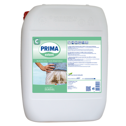 Ein weißer Kunststoffbehälter mit 25 kg Dr. Schnell PRIMA EXTENT Waschmittelverstärker von DR.SCHNELL GmbH & Co. KGaA, entwickelt für die professionelle Reinigung, mit dem Bild eines schmutzigen Hemdes und mehrsprachigen Anweisungen auf dem Etikett.