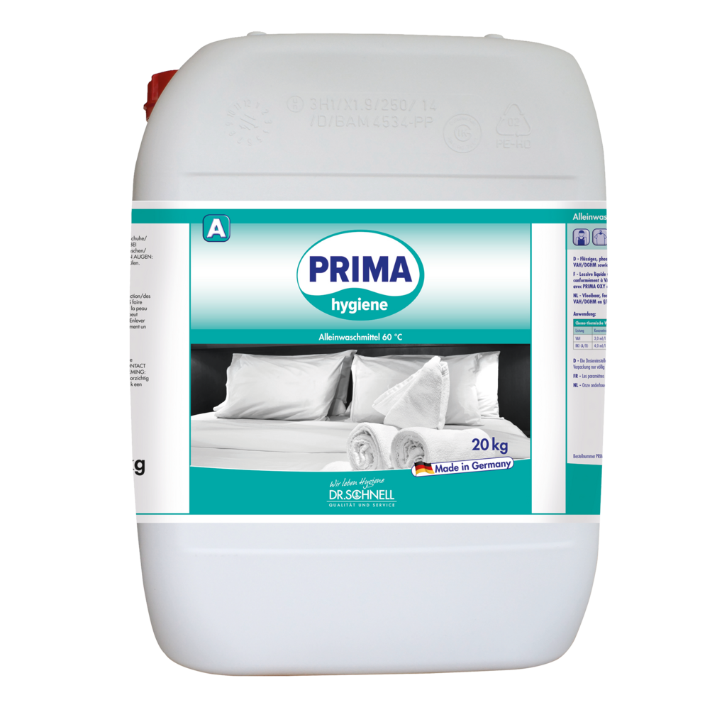 Ein weißer 20 kg Kunststoffbehälter mit der Aufschrift "Dr. Schnell PRIMA HYGIENE" der DR.SCHNELL GmbH & Co. KGaA, abgebildet mit gefalteten Handtüchern und Kopfkissen. Auf dem Etikett steht professionelle Reinigung und made in Germany.