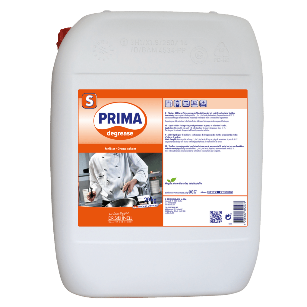 Ein großer weißer Kunststoffkanister von 20 kg mit der Aufschrift "Dr. Schnell PRIMA DEGREASE Flüssiger Fettlöser für Wäschehygiene, DRS Dosierung" von DR.SCHNELL GmbH & Co. KGaA, mit Produktinformation, Anleitung und Sicherheitssymbolen.