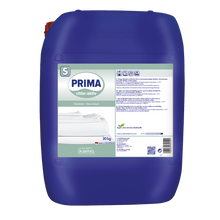 Ein blauer 20-kg-Kunststoffkanister mit der Aufschrift "Dr. Schnell PRIMA CHLOR-AKTIV" der DR.SCHNELL GmbH & Co. KGaA enthält flüssiges Bleichmittel mit Aktivchlor für optimale Wäschehygiene, mit Produktinformation, Sicherheitssymbolen und gefalteter Wäsche auf der Vorderseite.