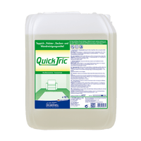 Un recipiente de plástico de 10 litros de Dr. Schnell QUICK TRIC de DR.SCHNELL GmbH & Co. KGaA, un producto de limpieza concentrado para la limpieza profesional de alfombras, tapicerías, techos y paredes; la etiqueta incluye instrucciones y la imagen de un sofá y una alfombra.