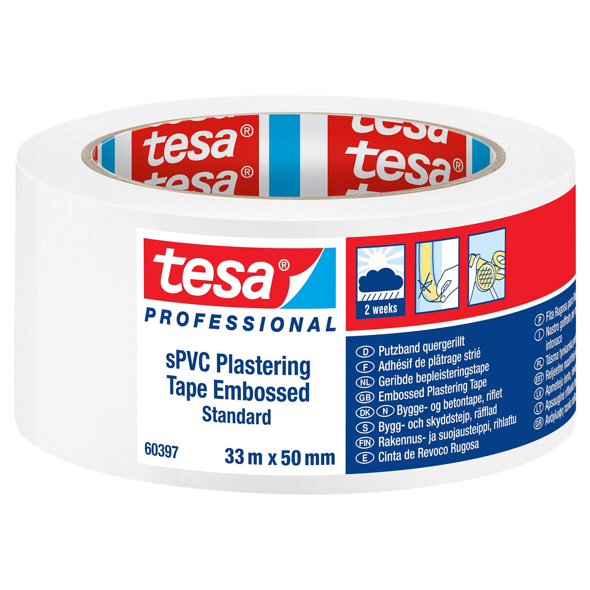 tesa 60397 sPVC Plastering Tape, Cross-Grooved, Standard, 33 m x 50 mm, white