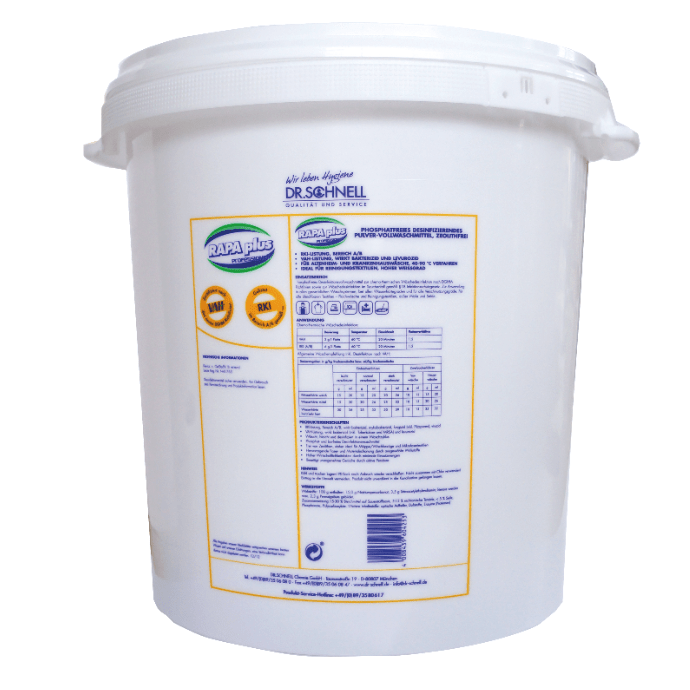 Un cubo blanco de 30L DR.SCHNELL RAPA PLUS con tapa, ayudas de dosificación y accesorios, con información del producto e instrucciones en letras azules y amarillas en el lateral. Marca: DR.SCHNELL GmbH & Co. KGaA.