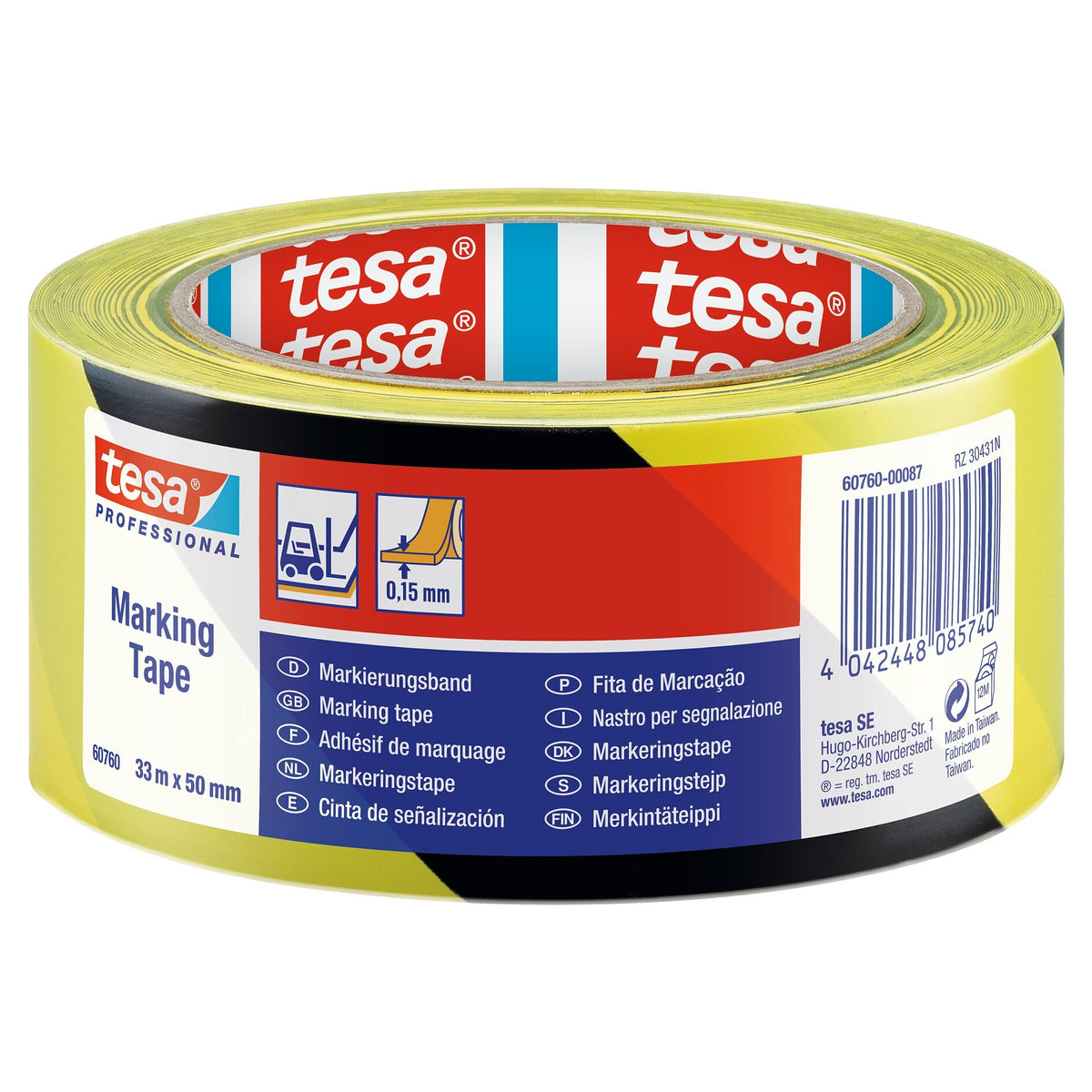 tesa Professional 60760 Marking Tape, Temporary, 33 m x 50 mm, Black and Yellow