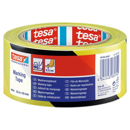 tesa Professional 60760 Marking Tape, Temporary, 33 m x 50 mm, Black and Yellow