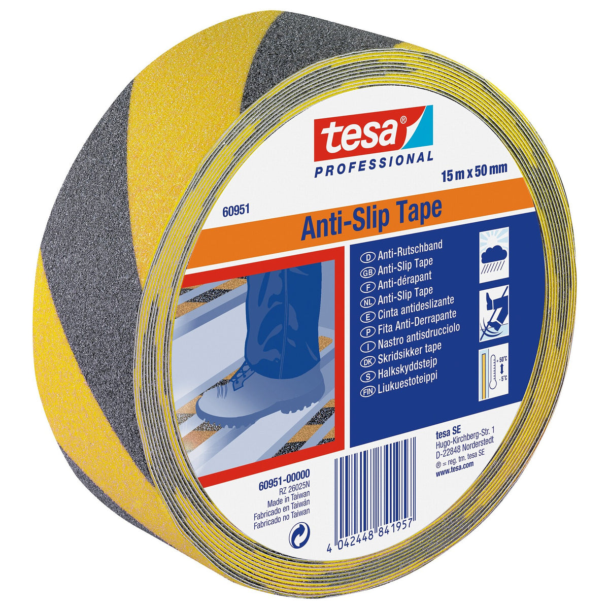Cinta antideslizante tesa Professional 60951, negra/amarilla, 15 m x 50 mm, negra-amarilla