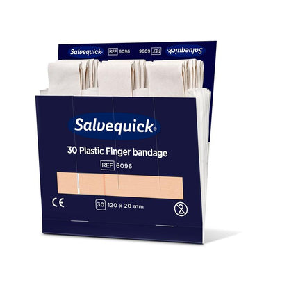 Eine geöffnete blaue Box von Orkla Wound Care AB enthält 30 Fingerbinden aus Kunststoff (120 x 20 mm), die jeweils aufrecht stehen. Packung: 6 Stück.