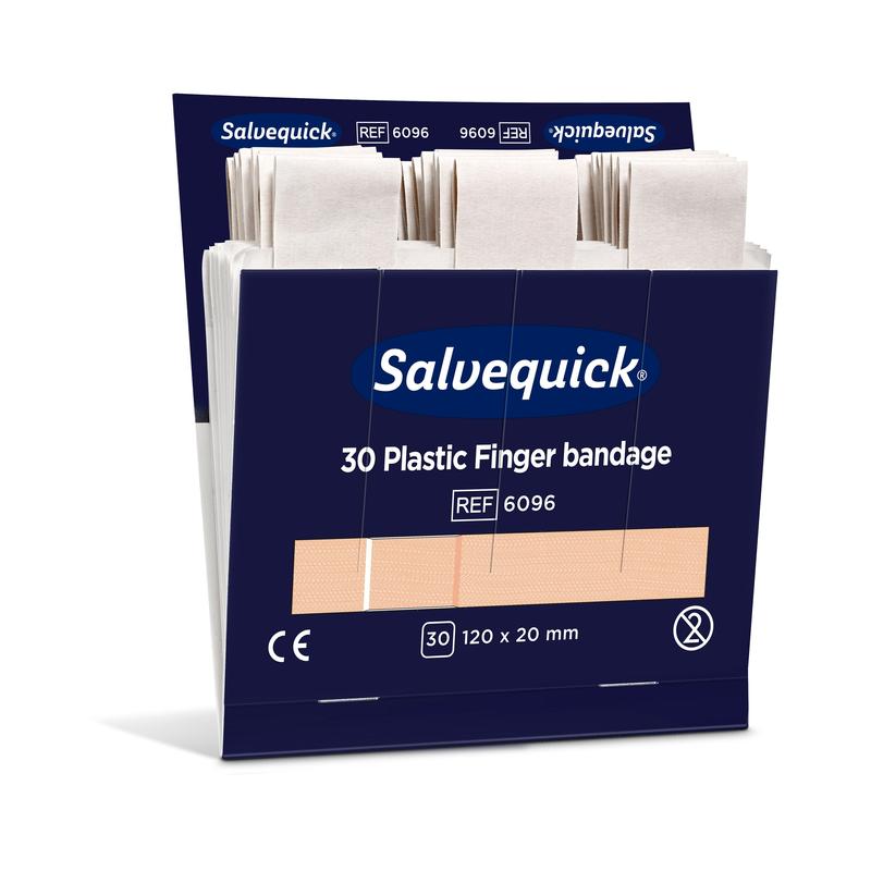 Eine geöffnete blau-weiße Schachtel von Orkla Wound Care AB mit der Aufschrift "Fingerbinde aus Kunststoff, 120 x 20 mm, 30 St/Mine | Packung (6 Stück)" enthält einzeln verpackte Binden mit Größenangaben: 120 x 20 mm.